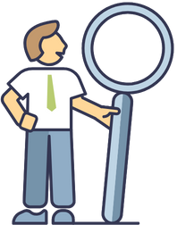 Illustration of a man in a white shirt and green tie holding a large magnifying glass, symbolizing search or analysis