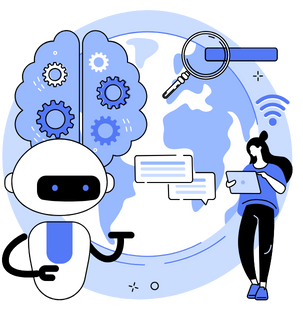 A robot and a woman with a tablet, depicting artificial intelligence and global communication.
